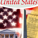 American flag overlaid with a picture of the White House and Declaration of Independence