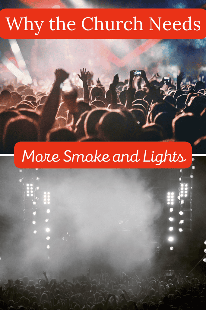 two pictures of concerts with smoke machines and lights
