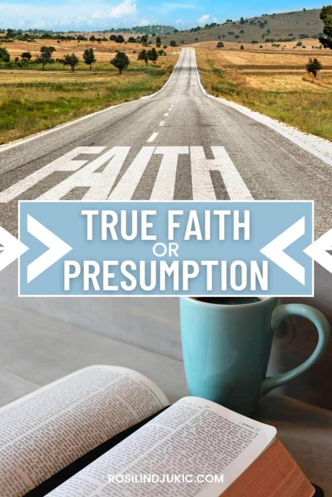 One image of a road with the word faith painted in large letters. Another picture of an open Bible in front of a teal coffee mug