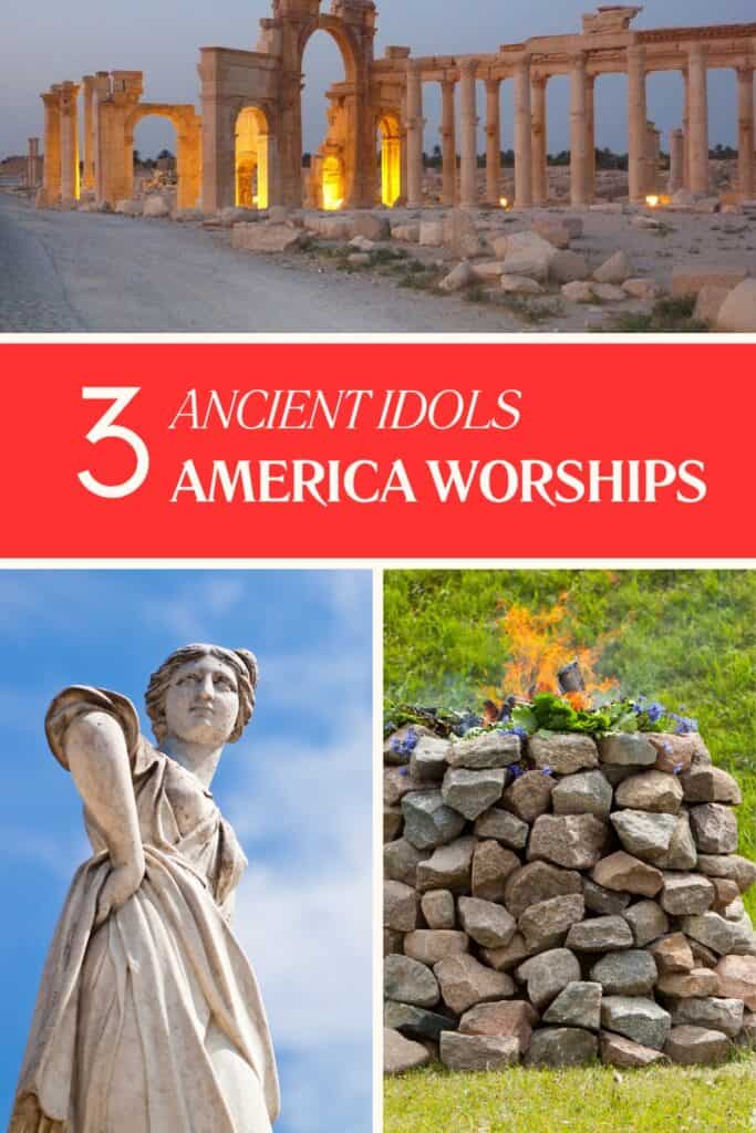 3 Images of places or objects of ancient worship: temple of Baal, statue, and stone altar with fire burning