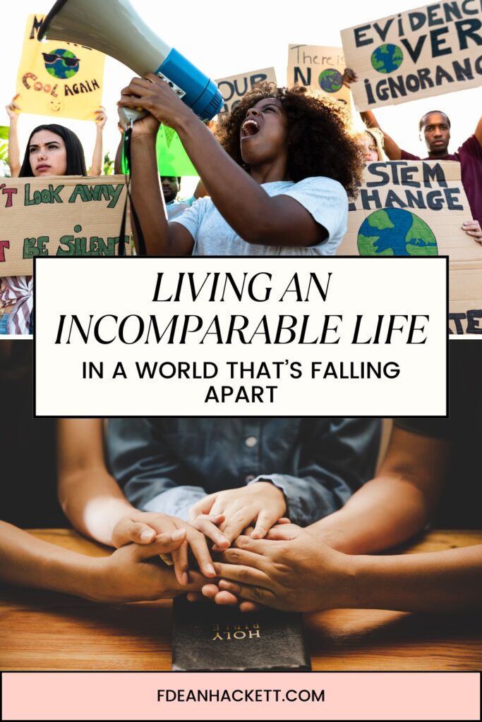 Two pictures: 1. people protesting holding signs and speaking in a megaphone, 2. people holding hands and praying.